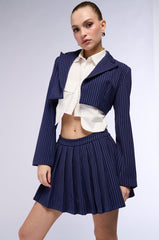 WHATS THE TEA PINSTRIPE PLEATED MINI SKIRT IN NAVY