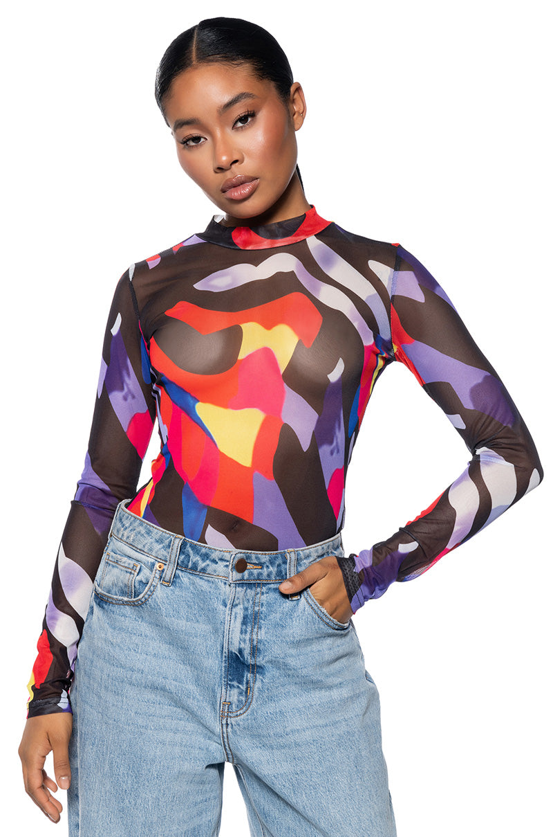 WHERE MY HEART IS MOCK NECK LONG SLEEVE MESH TEE