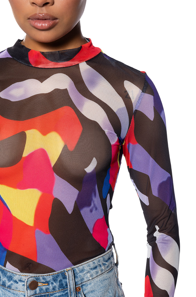 WHERE MY HEART IS MOCK NECK LONG SLEEVE MESH TEE