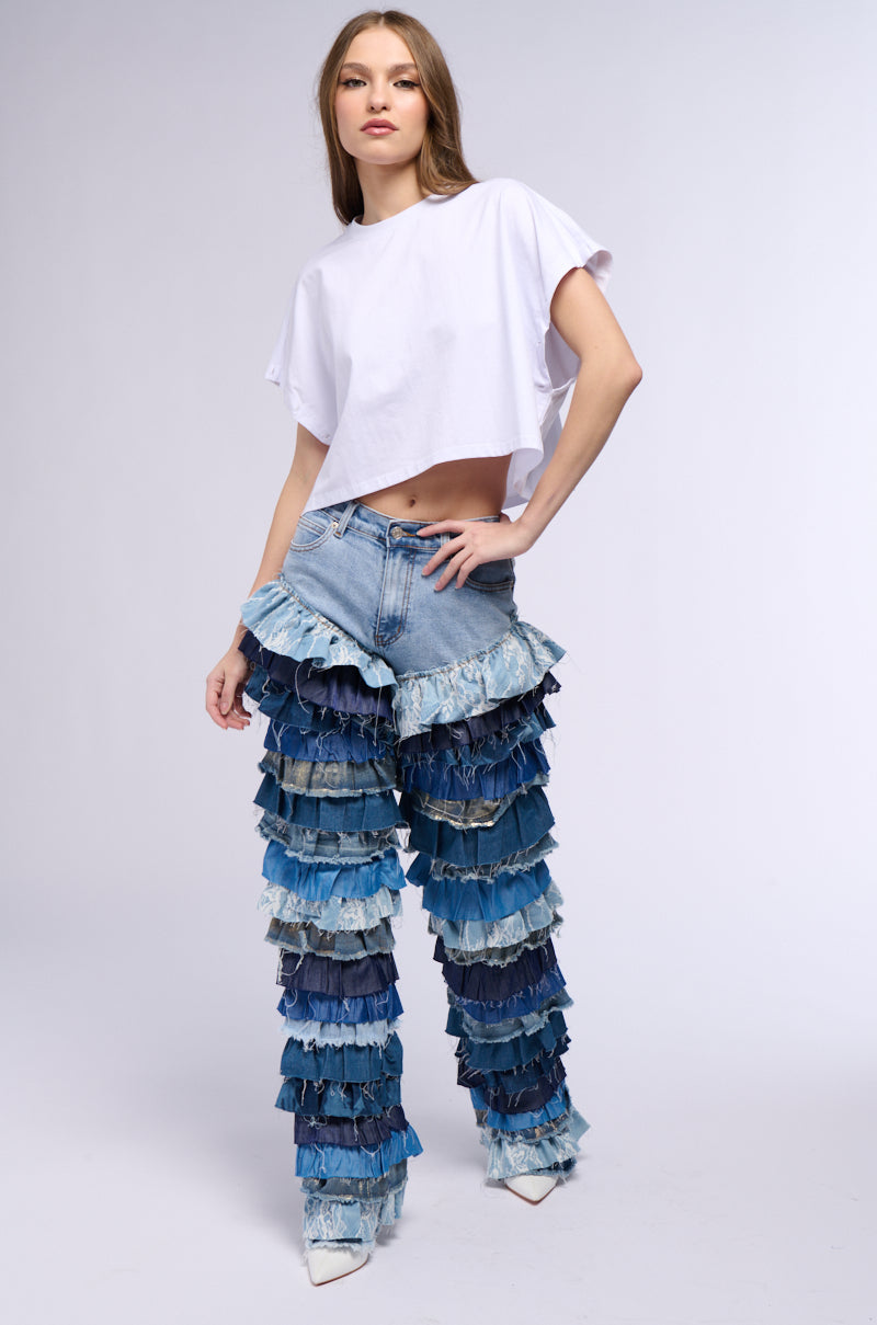 WONDERLAND RUFFLED WIDE LEG DENIM JEAN