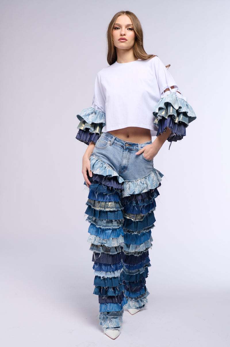 WONDERLAND RUFFLED WIDE LEG DENIM JEAN