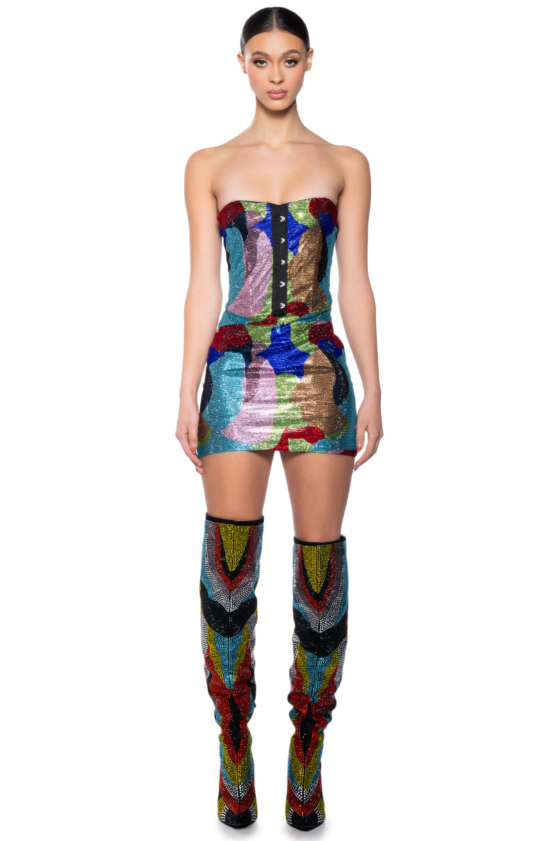 WORK OF ART RHINESTONE MINI DRESS IN MULTI