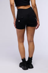 YOGA CROSS FRONT RUCHED BIKER SHORT IN BLACK