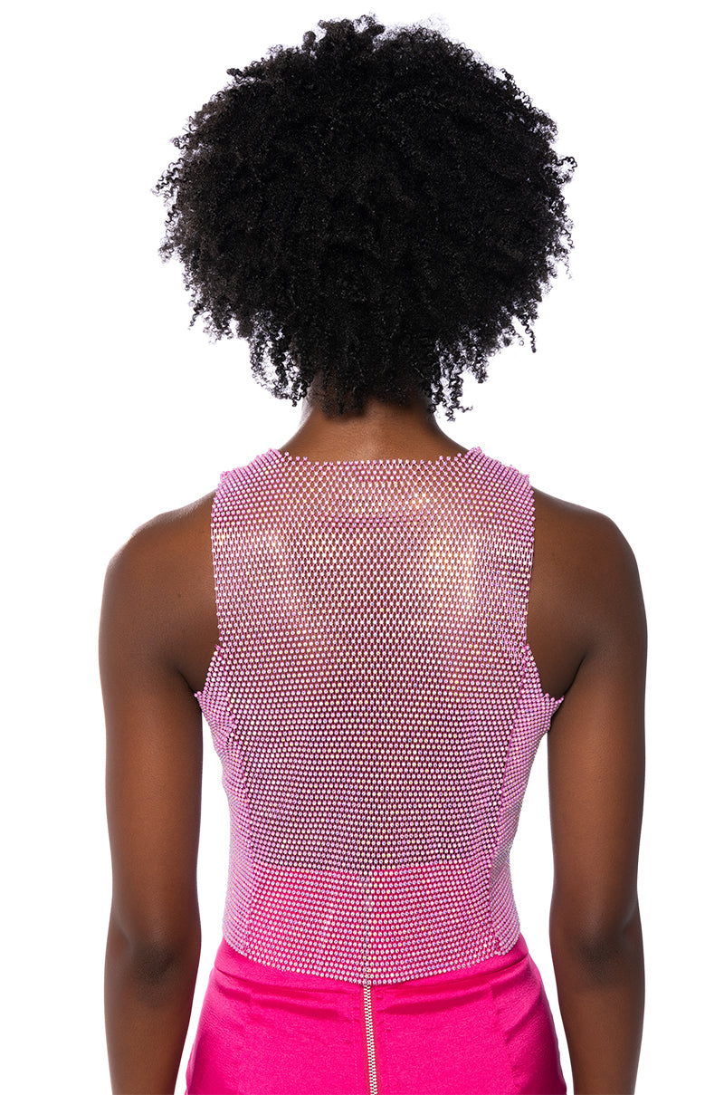 ZELDA RHINESTONE MESH SLEEVELESS TOP IN PINK