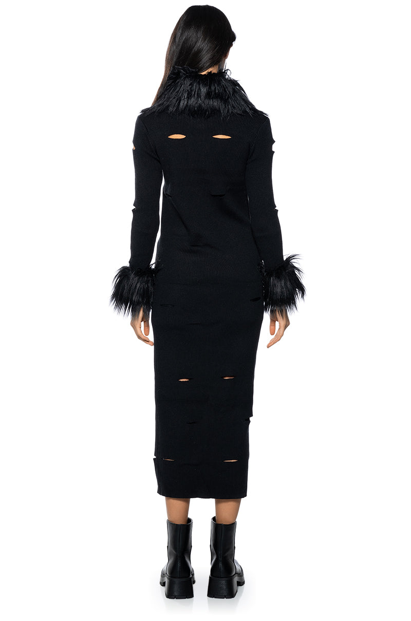 ZOE DISTRESSED FAUX FUR DETAIL MAXI CARDIGAN