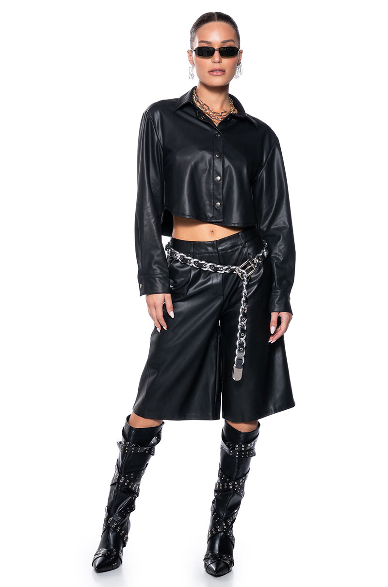 ZOE LONG FAUX LEATHER SHORTS IN BLACK