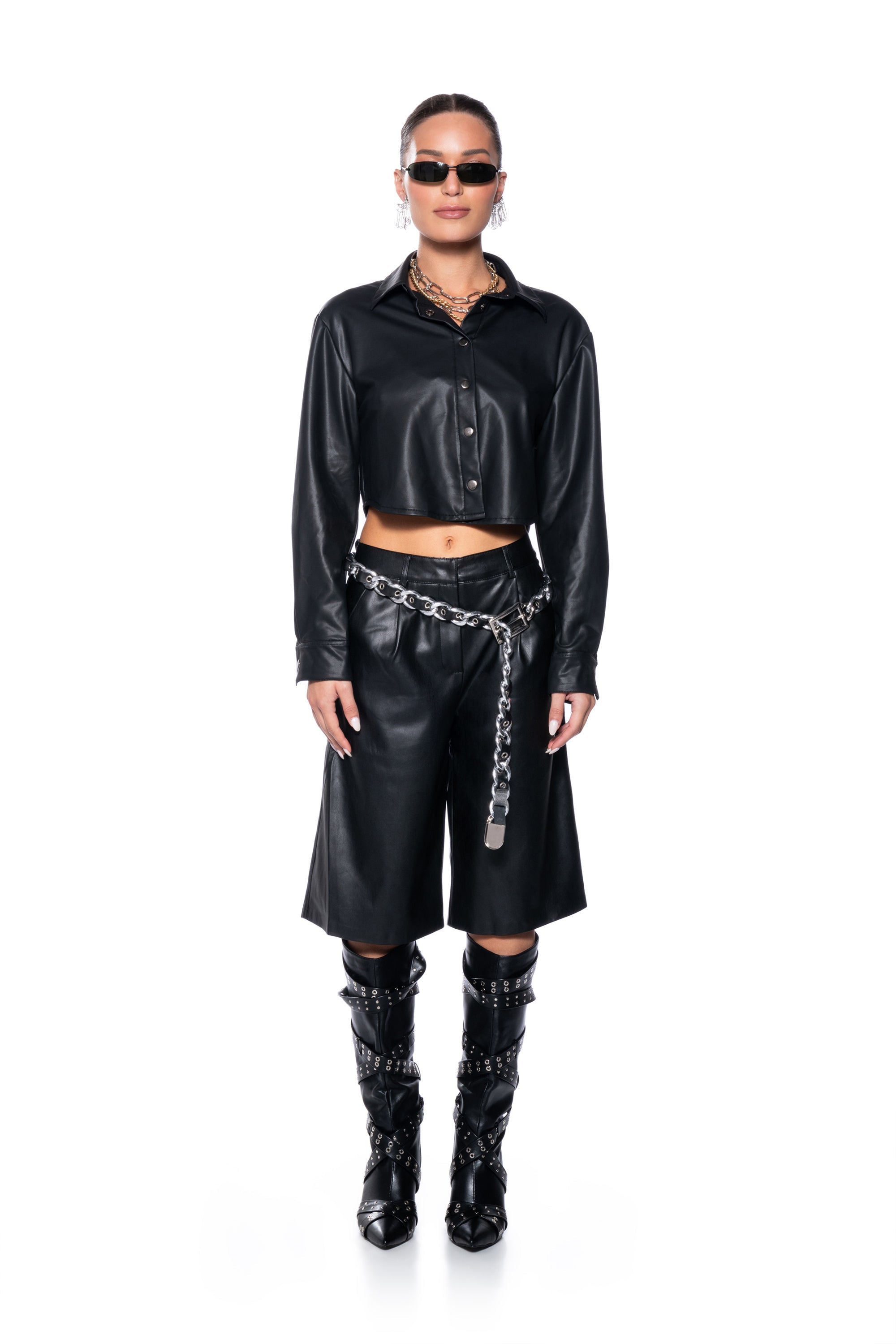 ZOE LONG FAUX LEATHER SHORTS IN BLACK