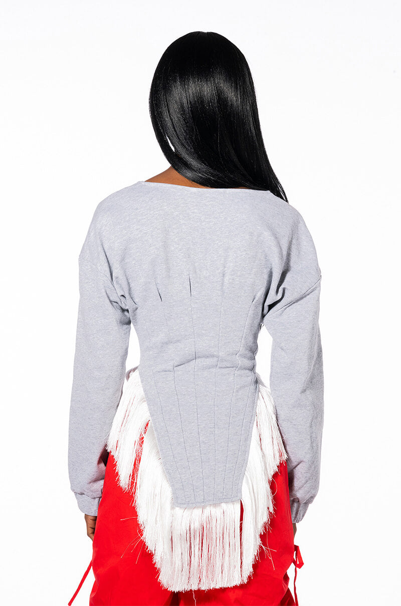 ZOOM ZOOM CORSETED FRINGE SWEATSHIRT